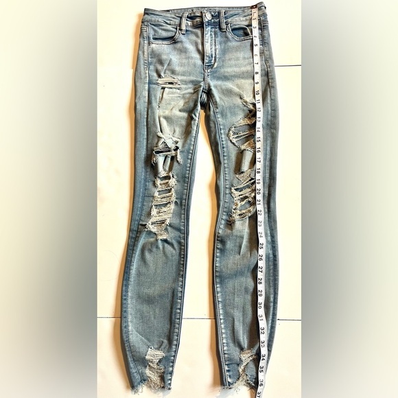 American Eagle Distressed Super Stretch Blue Jeans Women’s Hi-Rise Jegging Sz 2 - Picture 6 of 15